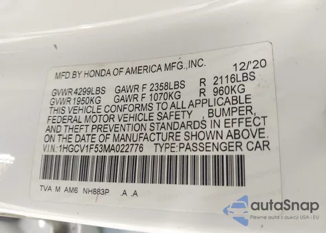 2021 Honda Accord Ex-L z USA, uszkodzony, nr VIN 1HGCV1F53MA022776